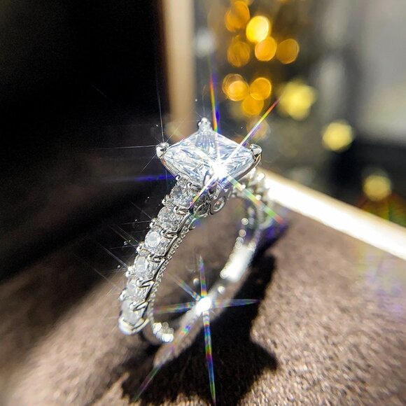 🔥 Beautiful Pure Zircon Princess Cut Romantic Wedding Rings for Women, PD416 - Picture 2 of 8